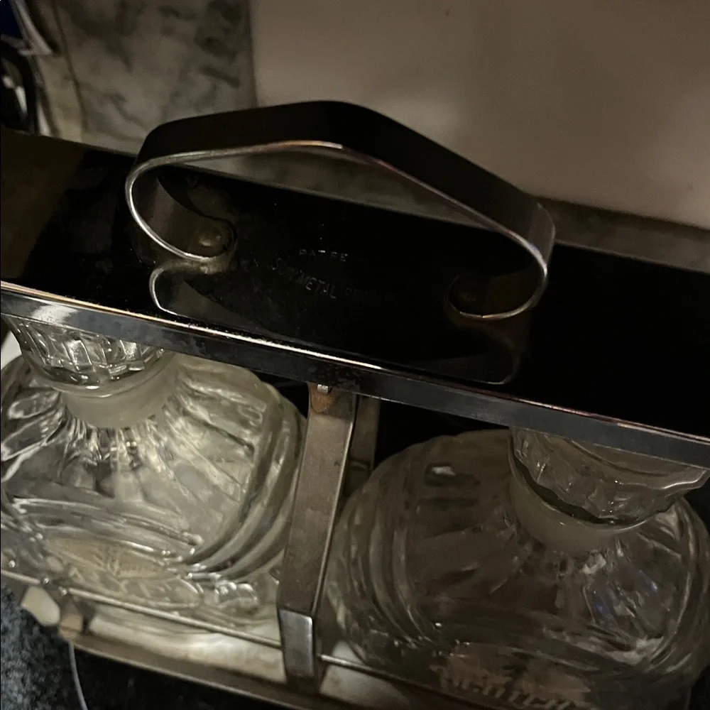 Crystal Decanter Set with Silver Chrome Holder Circa 1950